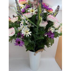 Bouquet champêtre dans son vase en zinc poignées cordes