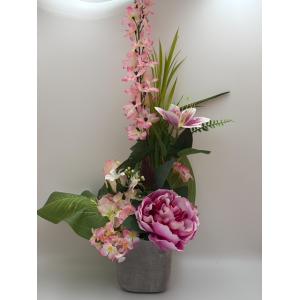 Composition pivoine /petites fleurs ton rose contenant pot aspect Pierre
