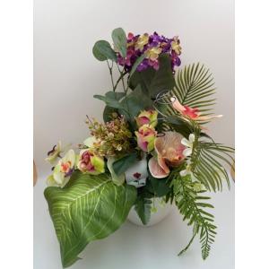 Composition Hortensia Orchidée dans une coupe blanche