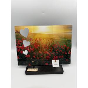 Plaque funéraire en plexi décor coquelicots et cœurs socle granit noir