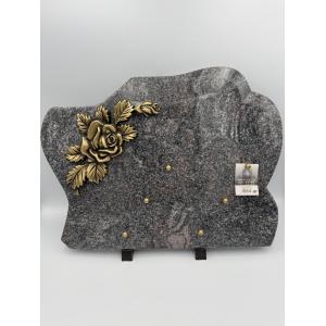 Plaque funéraire en granit gris avec motif rose en bronze