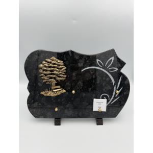 Plaque funéraire en granit noir avec arbre de vie en bronze