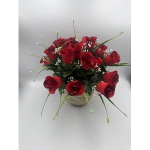 Composition de fleurs rouges dans un vase clair arrondi avec motif tranches d’oranges